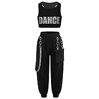 Kids Girls Hip Hop Jazz Dance Outfits Sleeveless Letters Print Tank Crop Top Jogger Cargo Pants Dancewear Streetwear