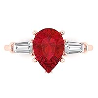 Clara Pucci 2.5 carat Pear Baguette cut 3 stone Solitaire Genuine Simulated Ruby Proposal Wedding Anniversary Bridal Ring 18K Rose Gold