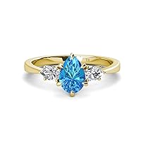 Blue Topaz Pear Shape 9x7 mm 2.05 ctw accented Natural Diamond Three Stone Women Engagement Ring using Tiger Claw Setting in 14K Gold