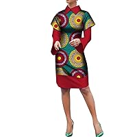 African Dashiki Dresses for Women Wax Print Patchwork Long Sleeve Stand Neck Knee-Length Elegant Dress