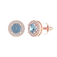 3.60 ct Round Cut Halo Solitaire Natural Light Blue Aquamarine pair of Solitaire Stud Screw Back Earrings 14k Rose Gold