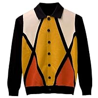 NP Men 's Autumn Lapel Knit Low Waist Men Cool Rhombus Colorblock Sweater Coat