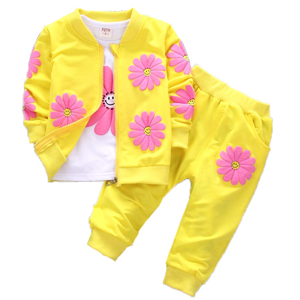 1-5Years Toddler&Little Girls Flowers Print 3 Piece Sets T Shirt Vest and Pants
