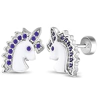 925 Sterling Silver Enamel & Cubic Zirconia Unicorn Safety Push Back Earrings Stud for Toddlers, Little Girls - Beautiful Hand-Painted Enamel CZ Unicorn Earrings Gift for Birthdays