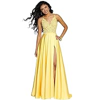 Women's Prom Dresses Spaghetti Straps Slit Lace Satin Formal Evening Party Gown with Pockets