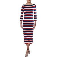 Lauren by Ralph Lauren Women's Striped 3/4 Sleeve Boat Neck Tea-Length Dress