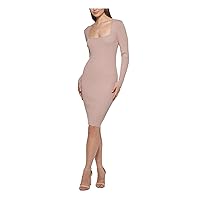 GUESS Womens Beige Knit Ribbed Fitted Unlined Pullover Long Sleeve Square Neck Below The Knee Party Body Con Dress 2XL