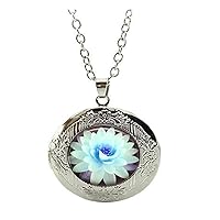 White Lotus Flower Locket Necklace Spiritual Flower Peace Yoga Buddhist Art Charm Jewelry Friend Gift