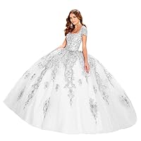 Women's Sweetheart Neck Lace Applique Quinceanera Dress with Short Sleeves Ball Gowns Tulle
