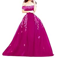 Women's Floral Appliqued Mermaid Prom Dress with Detachable Train Satin Evening Gown Dress