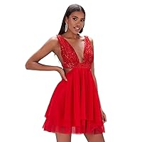 Women's Dress Plunging Neck Tie Backless Sequin Bodice Mesh Dress (Color : Red, Size : Large)