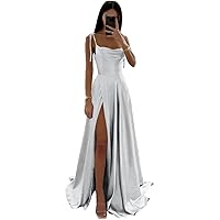 Women's Spaghetti Straps Satin Prom Dress Floor Length Formal Evening Party Gowns with Slit