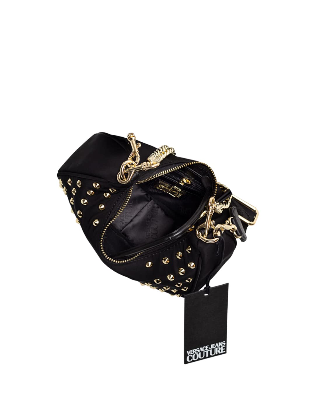 VERSACE JEANS COUTURE CROSSBODY BAG IN BLACK NYLON WITH GOLD STUDS AND  CHAIN ​​SHOULDER STRAP 73VA4BFGZS439: Handbags