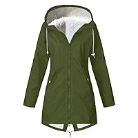 Winter Fleece Lined Windbreaker Jacket Women Outdoor Warm Rain Jacket Waterproof Trench Coat with Hood with Pockets