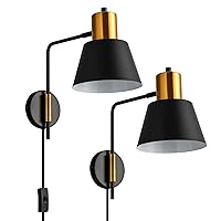 Modern Swing Arm Wall Sconce Plug in Set of 2, Rotatable Black Wall Lights with On/Off Cord for Bedroom, Living Room