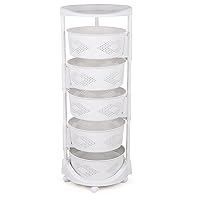 Round Rotating Multi-Layer Kitchen Storage Shelf, Floor-Standing Fruit and Vegetable Storage Rack with Lockable Casters Household Storage Rack for Kitchen, Living Room, Bathroom, White (5-Layer)