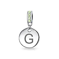 Engravable A-Z Monogram LIGHT GREEN Crystal Accent Bale Dangle Round Circle Disc Shaped Alphabet Initial Charm Bead For Women Teen .925 Sterling Silver European Bracelet Simulated Emerald Birthstone