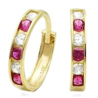 Round Cut Ruby & White Diamond 925 Sterling Silver 14K Yellow Gold Over Diamond Huggie Hoop Earring for Women's