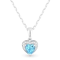 14K White Gold Heart Shape .65 ct Blue Topaz (5mm) & .04ct White Diamond Hearts Pendant Necklace