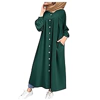 Islamic Dress Long Sleeve Plus Size Fall Elegant Tunic Dress Ladies Homewear Light V Neck Thin Comfortable Plain Pocket Tank Tops Teen Girls Green