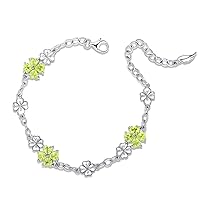 Lucky Four leaf clover 925 Sterling Silver Birthstone Chain Link Bracelet for Women Gemstone Jewelry Shamrock Birthday Gift 16+4cm
