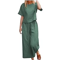 Linen Outfits for Women Short Sleeve Tops Crop Pants Two Piece Sets Ladies Summer Outfit Casual Tracksuit 2 Piece