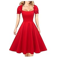 Hanpceirs Women's Puff Short Sleeve 1950s Party Dresses Square Neck Aline Dress with Pockets