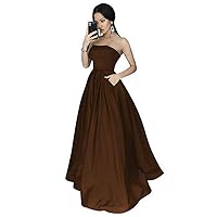 VeraQueen Women's Show-Shouldered Satin Prom Dress Long A-Line Skirt Pocket Formal Evening Dress Coffee