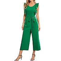 Women Jumpsuits Elegant Ruffle Cap Sleeve Belted High Waist Wide Leg Romper With Pockets One Piece Casual Outfits