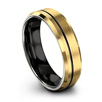 Tungsten Wedding Band Ring 6mm for Men Women Bevel Edge 18K Yellow Gold Grey Black Offset Line Brushed Polished