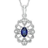 Oval Cut Created Blue Sapphire & 0.05 CT Diamond Filigree Pendant Necklace 14k White Gold Over