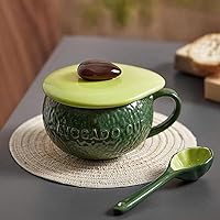 Ceramic Coffee Mug, Cute Kawaii Funny Novelty Green Avocado Shaped Tea Soup Cup with Lid & Handle & Spoon, Funny Gifts for Friends and Family（Avocado）