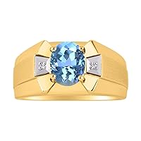 Men's Yellow Gold Plated Silver Ring – Classic Designer Style with 9x7MM Oval Gemstone & Diamonds, Birthstone Rings in Sizes 8-13