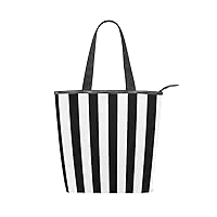 Navy Blue Stripe Tote Bag for Women with Zipper,Canvas Tote Bag Stripe Tote Purse Striped Handbag