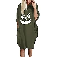 Womens Halloween Pumpkin Face Print T Shirt Dress Plus Size Long Sleeve Crewneck Midi Dress Casual Swing Loose Dress