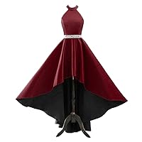 High Neck Satin Prom Dresses for Women High Low Formal Party Ball Gown Aline Evening Dress with Pockets