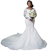 Double V-Neck lace Detachable Train Bridal Ball Gowns Mermaid Wedding Dresses for Bride with Long Sleeves Plus Size