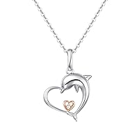 18K Solid White Gold Diamond Dolphin Heart Dainty Pendant Necklace for Women Fine Jewelry Anniversary Birthday Gifts for Women Girls Wife Girlfriend Mom Lady Her