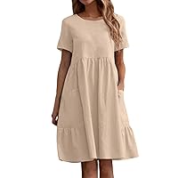 Casual Short Sleeve Summer Dresses for Women 2024 Cotton Linen Pleated Swing Dress Flowy T Shirt Dresses with Pockets