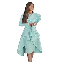 Women's Satin Ruffles Prom Party Dresses O-Neck Long Sleeves Knee Length Evening Formal Gown