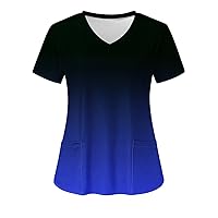 Womens Summer Tops Gradient Nursing Uniform with Pockets Casual Loose V Neck Short Sleeve Workwear T-Shirt Tunic Blouse