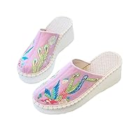 Women Summer Slippers Ethnic Embroidered Wedge Shoes Ladies Casual Slides Vintage Mules Female Round Toe Heels