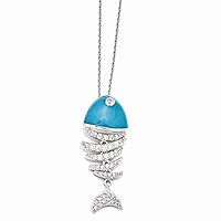 925 Sterling Silver Fancy Lobster Closure Simulated Turquoise Enameled Cubic Zirconia Animal Sealife Fish Necklace 18 Inch Measures 14mm Wide Jewelry for Women