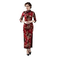 Women Cheongsam Chinese Printed Dress Silk Fragrant Cloud Yarn Oblique Placket with Ruyi Cloud Trim 3464