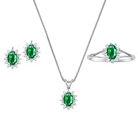 Rylos Matching Jewelry For Women 14K White Gold - May Birthstone- Ring, Earrings & Necklace Emerald 6X4MM Color Stone Gemstone Jewelry For Women Gold Jewelry