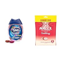 TUMS 60 Count Chewy Antacid Tablets and Halls 70 Count Creamy Strawberry Throat Drops Bundle
