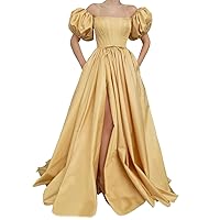 Women's Satin A-Line Formal Evening Dresses Short Puff Sleeves Prom Dresses Long Ball Gown