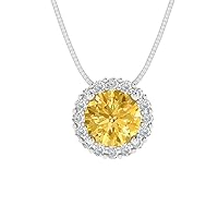 1.25 ct Round Cut Natural Yellow Citrine Pave Halo Solitaire Pendant Necklace With 16