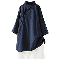 Kedera Women's Jacquard Linen Retro Chinese Frog Button Side Slit Top Tees