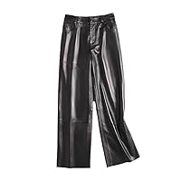 100% Real Genuine Leather Pants Wide Legging Sheepskin Women Trousers High Waist Loose Streetwear Pants